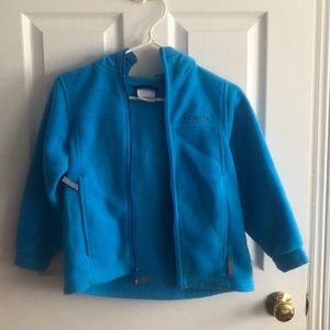 blue, fuzzy zip-up sweater